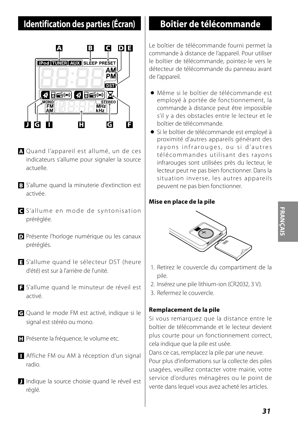 Identification des parties (écran), Boîtier de télécommande | Teac SR-L70i User Manual | Page 31 / 72