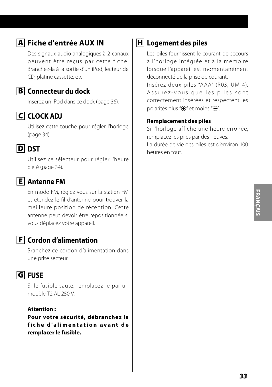 Réglage de l’horloge, A fiche d'entrée aux in, B connecteur du dock | C clock adj, D dst, E antenne fm, F cordon d’alimentation, G fuse, H logement des piles | Teac SR-L70i User Manual | Page 33 / 72