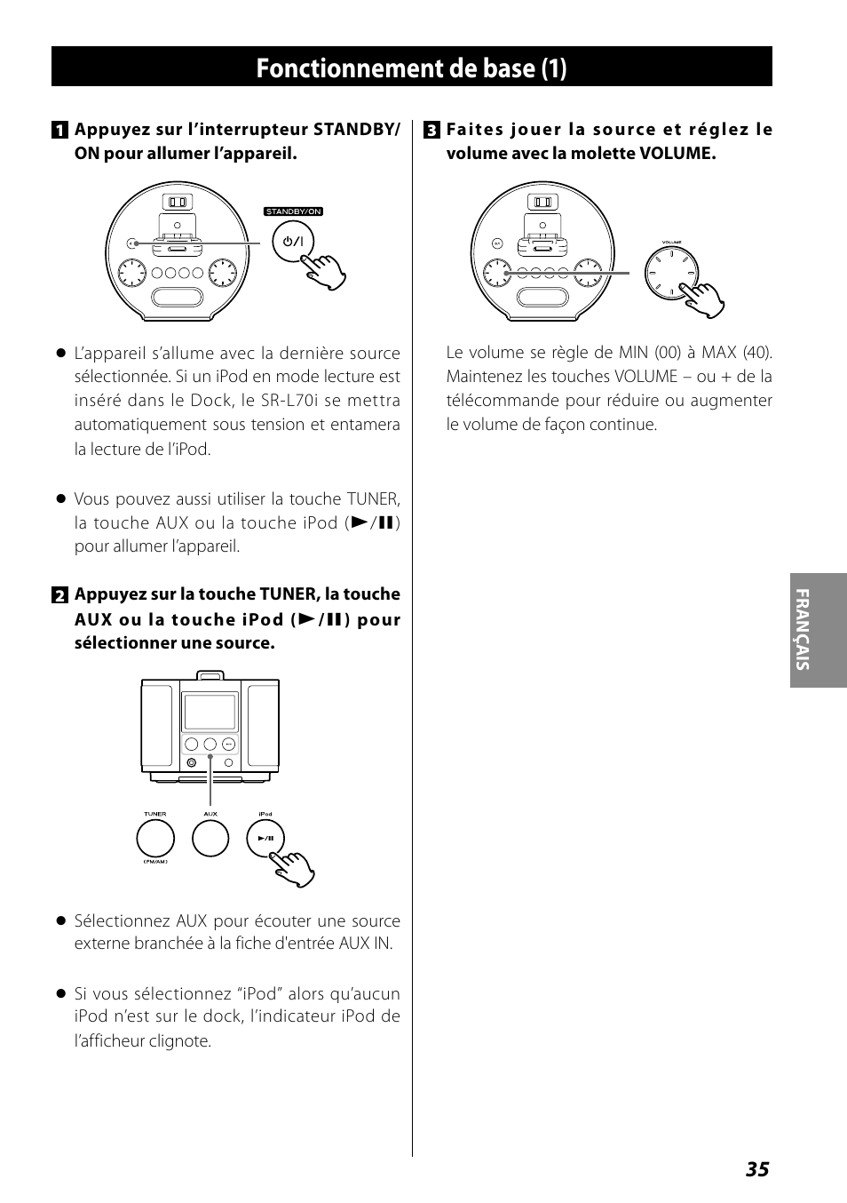 Fonctionnement de base, Écoute de l’ipod, Fonctionnement de base (1) | Teac SR-L70i User Manual | Page 35 / 72