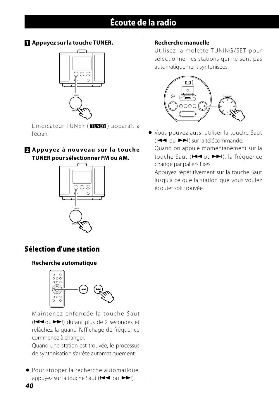 Écoute de la radio, Préréglage de stations, Sélection d'une station | Teac SR-L70i User Manual | Page 40 / 72