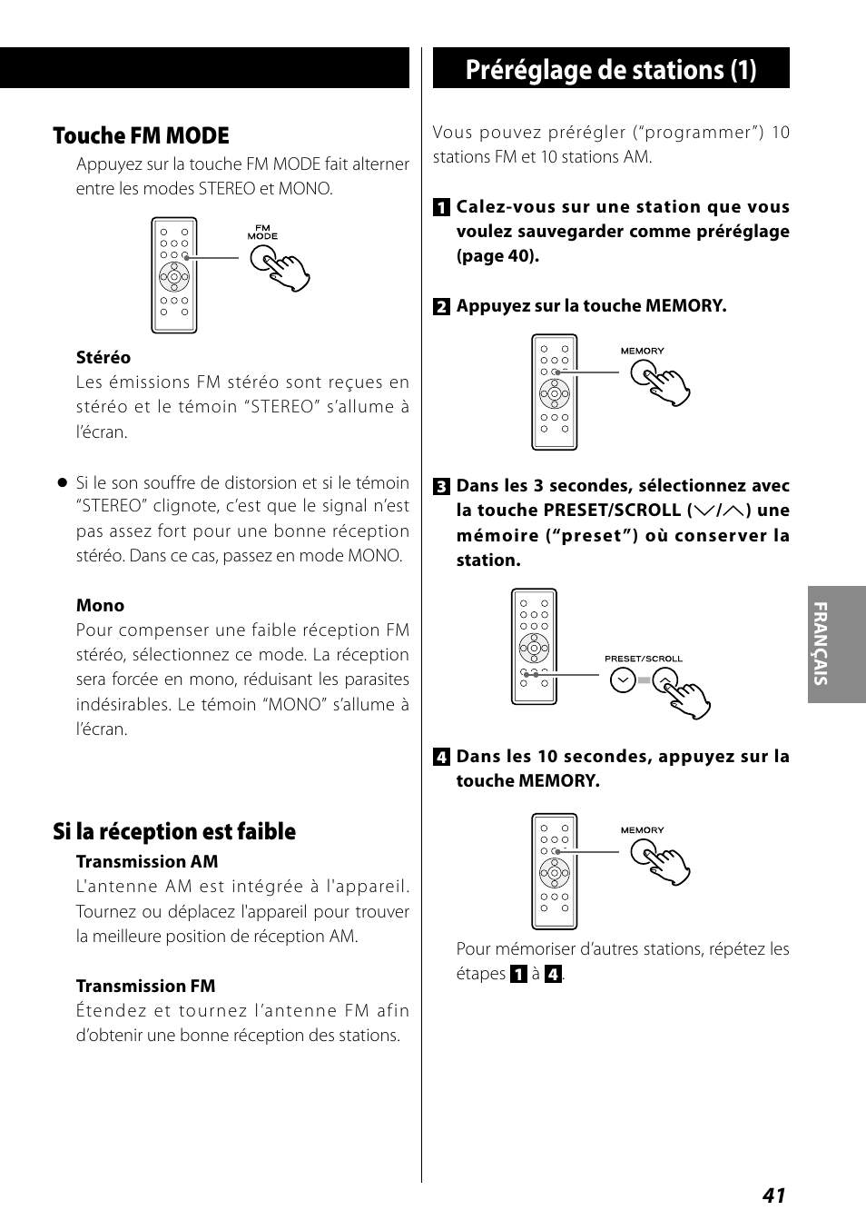 Minuterie, Préréglage de stations (1), Touche fm mode | Si la réception est faible | Teac SR-L70i User Manual | Page 41 / 72