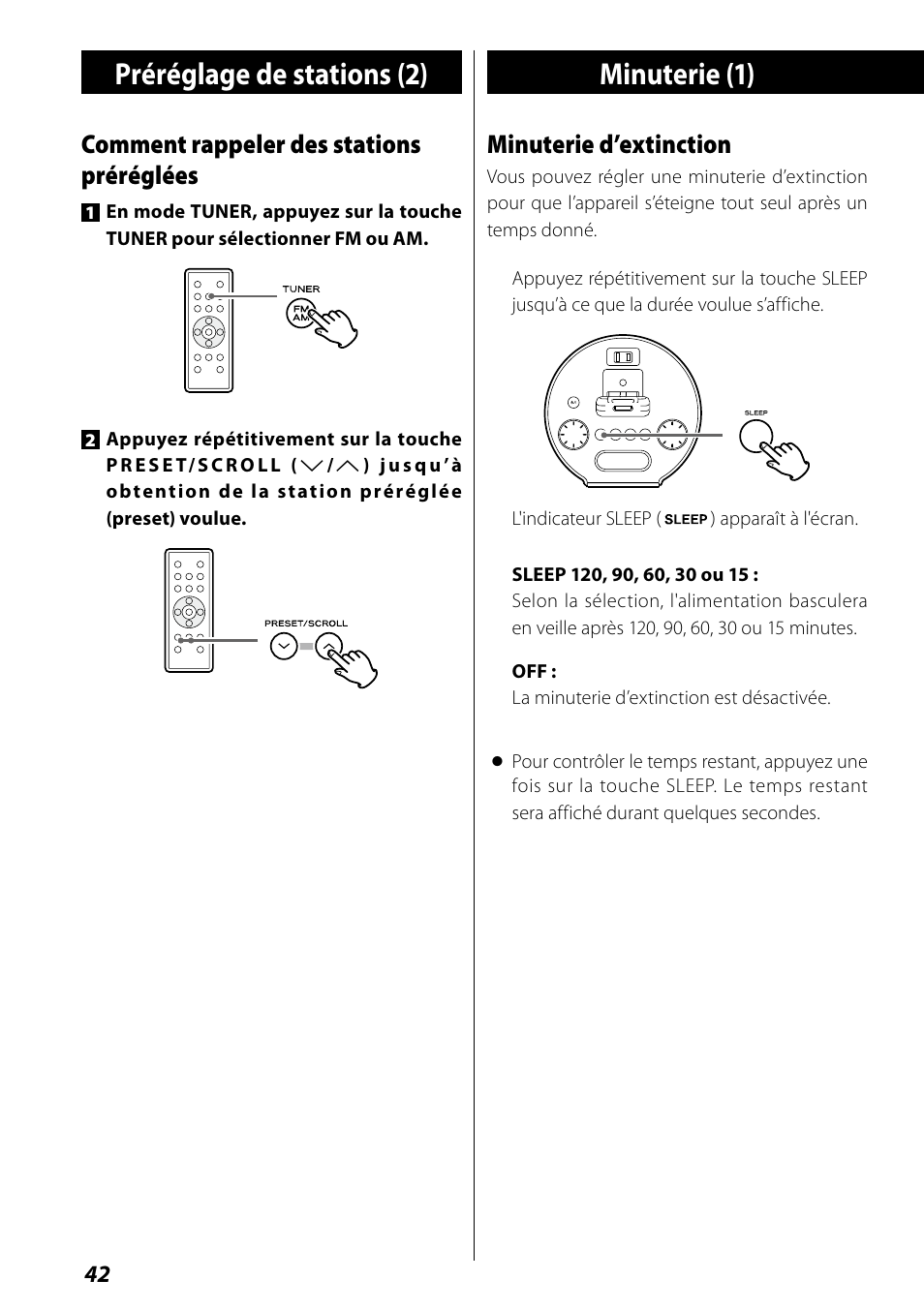 Préréglage de stations (2), Minuterie (1), Comment rappeler des stations préréglées | Minuterie d’extinction | Teac SR-L70i User Manual | Page 42 / 72