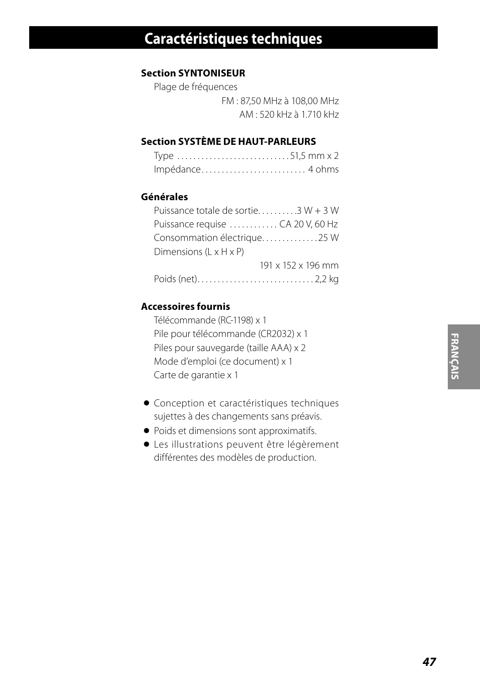 Caractéristiques techniques | Teac SR-L70i User Manual | Page 47 / 72