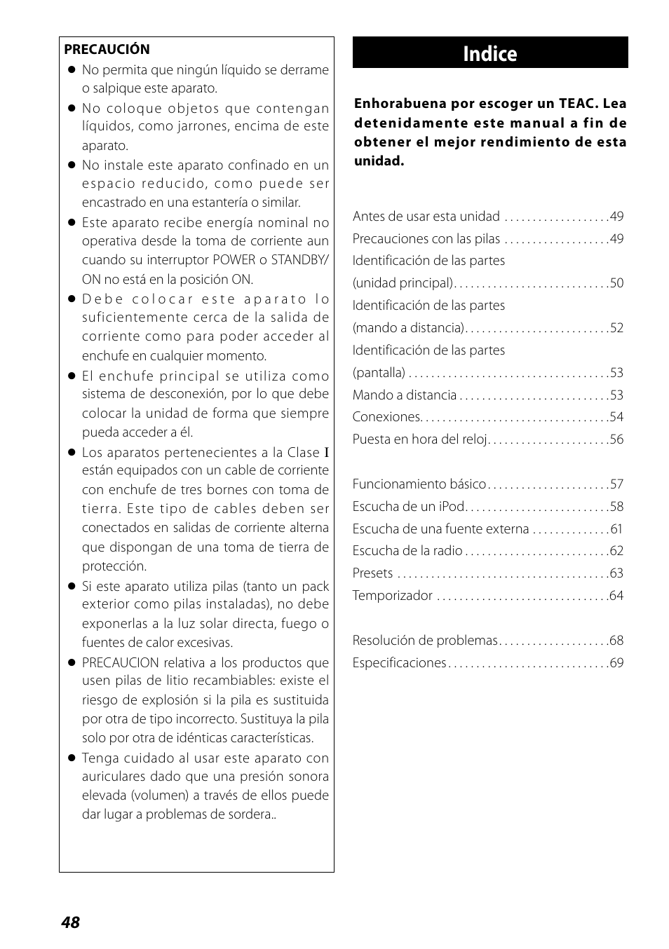 Manual del usuario, Indice | Teac SR-L70i User Manual | Page 48 / 72