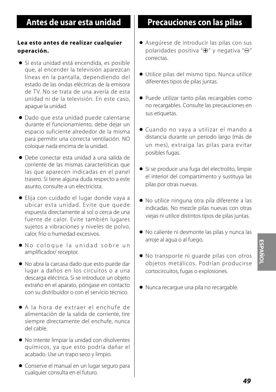 Antes de usar esta unidad, Precauciones con las pilas | Teac SR-L70i User Manual | Page 49 / 72