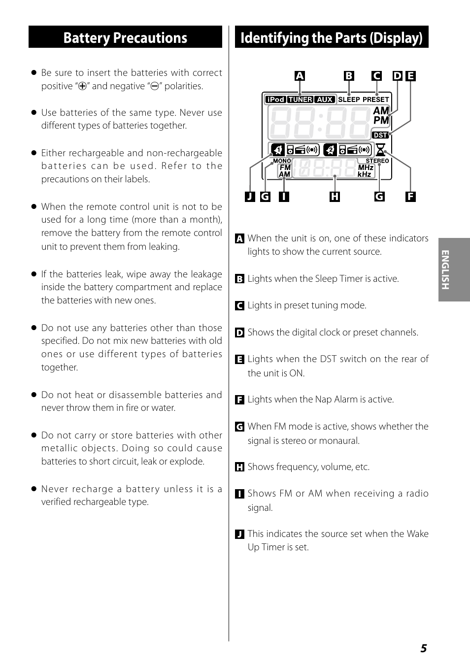 Battery precautions, Identifying the parts (display) | Teac SR-L70i User Manual | Page 5 / 72