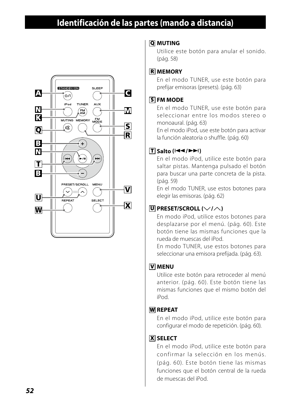 Identificación de las partes (mando a distancia) | Teac SR-L70i User Manual | Page 52 / 72