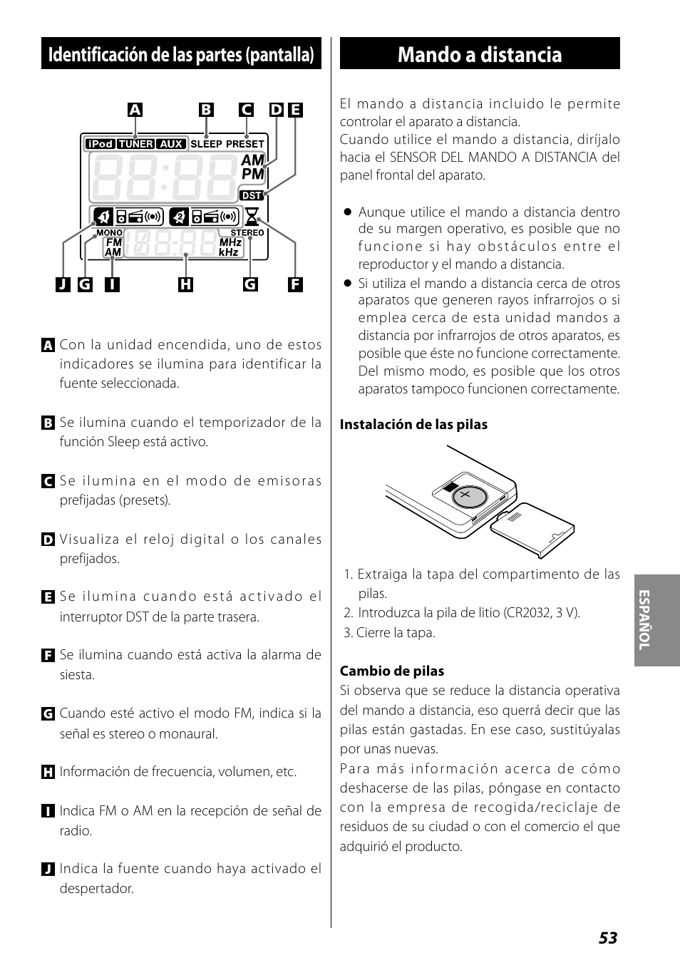 Identificación de las partes (pantalla), Mando a distancia | Teac SR-L70i User Manual | Page 53 / 72