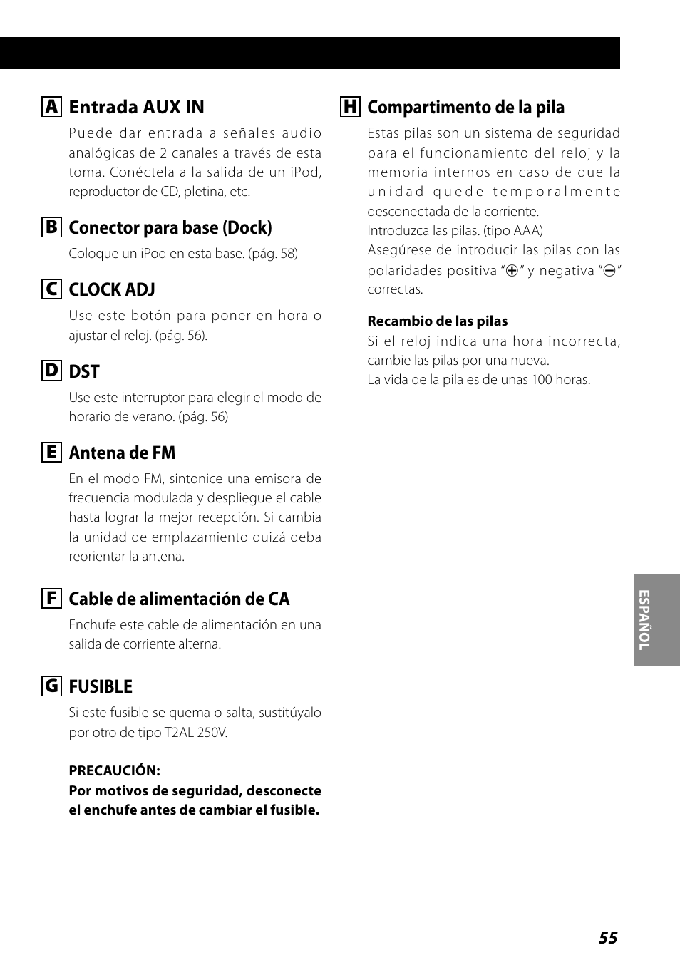 Puesta en hora del reloj, A entrada aux in, B conector para base (dock) | C clock adj, D dst, E antena de fm, F cable de alimentación de ca, G fusible, H compartimento de la pila | Teac SR-L70i User Manual | Page 55 / 72