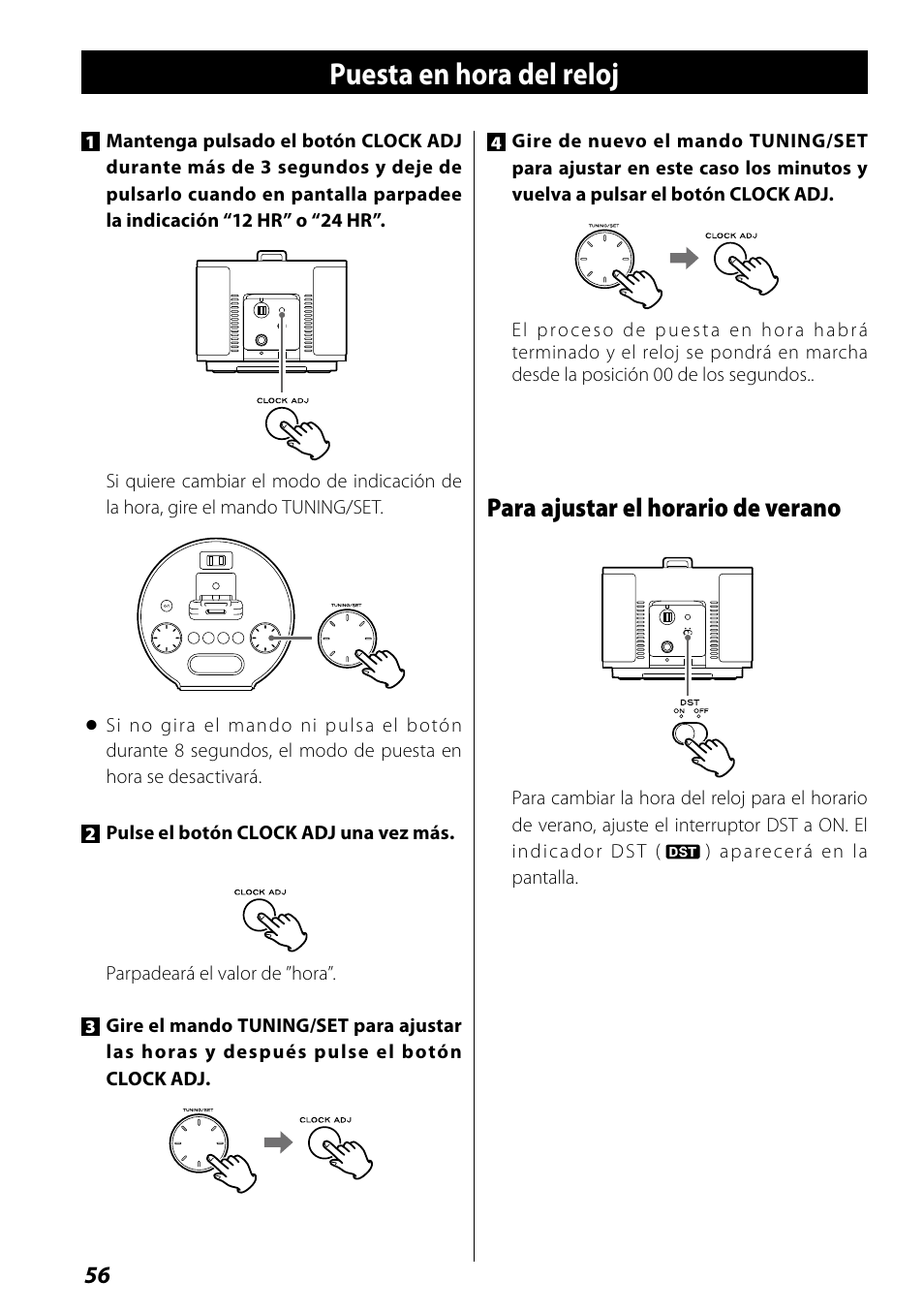 Puesta en hora del reloj, Para ajustar el horario de verano | Teac SR-L70i User Manual | Page 56 / 72