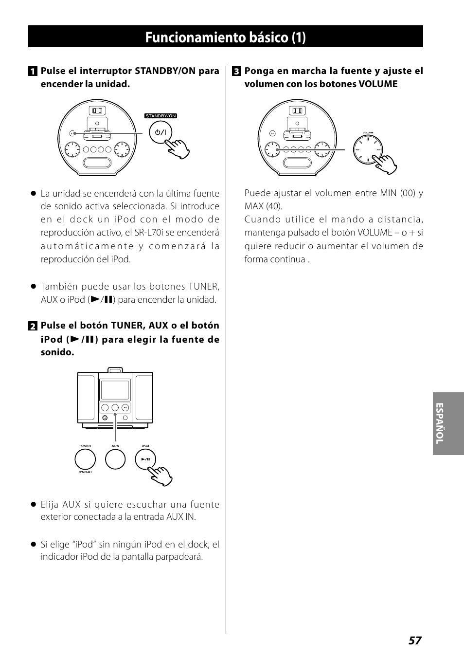 Funcionamiento básico, Funcionamiento básico (1) | Teac SR-L70i User Manual | Page 57 / 72