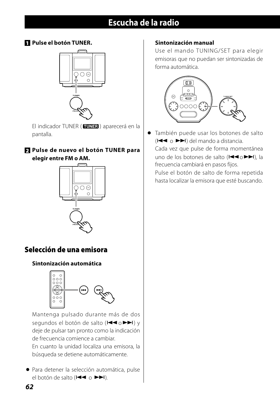 Escucha de la radio, Emisoras prefijadas, Selección de una emisora | Teac SR-L70i User Manual | Page 62 / 72