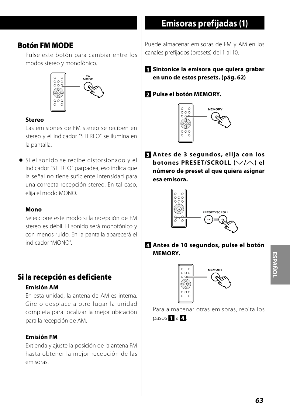 Temporizador, Emisoras prefijadas (1), Botón fm mode | Si la recepción es deficiente | Teac SR-L70i User Manual | Page 63 / 72