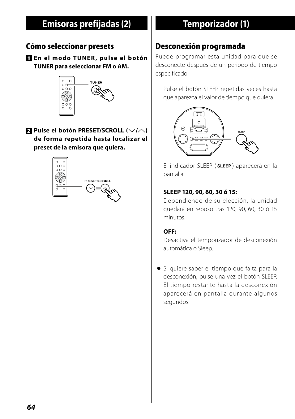 Emisoras prefijadas (2), Temporizador (1), Cómo seleccionar presets | Desconexión programada | Teac SR-L70i User Manual | Page 64 / 72
