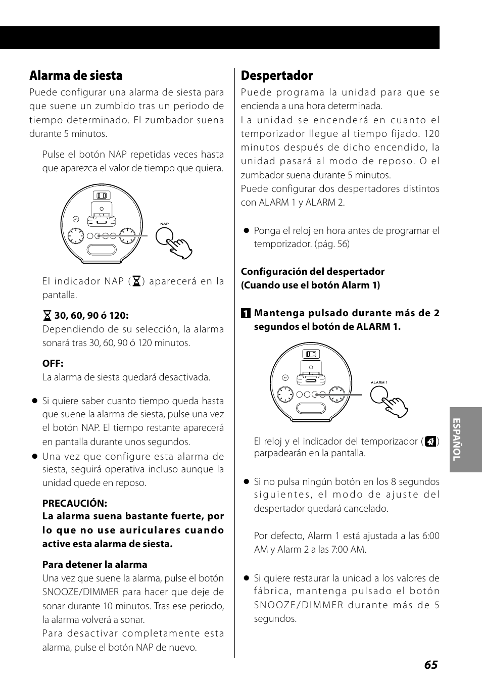 Despertador, Alarma de siesta | Teac SR-L70i User Manual | Page 65 / 72