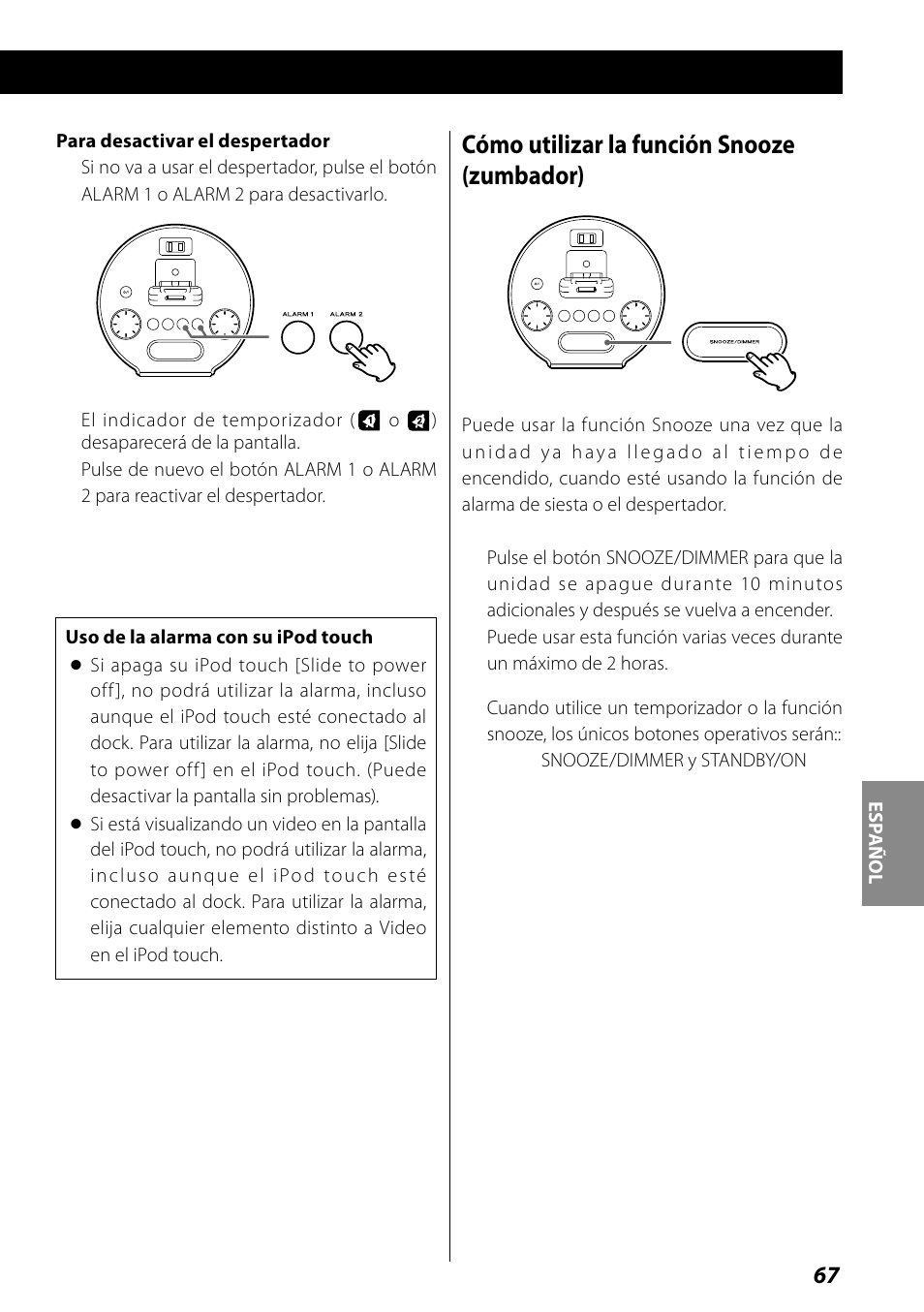 Cómo utilizar la función snooze (zumbador) | Teac SR-L70i User Manual | Page 67 / 72