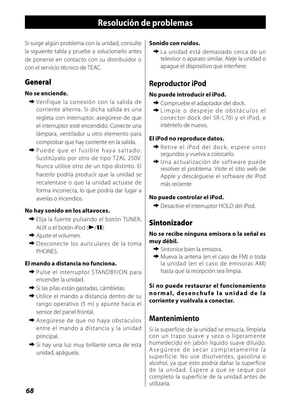 Resolución de problemas, General, Reproductor ipod | Sintonizador, Mantenimiento | Teac SR-L70i User Manual | Page 68 / 72