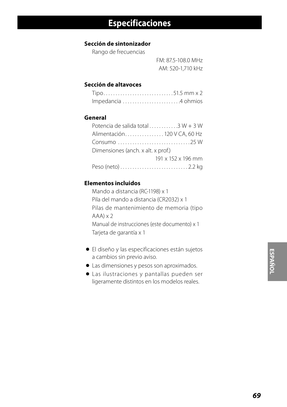 Especificaciones | Teac SR-L70i User Manual | Page 69 / 72