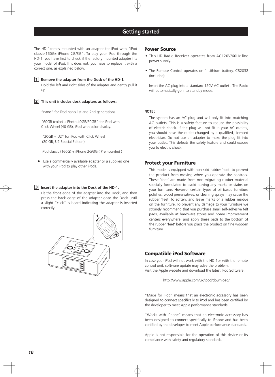 Getting started, Compatible ipod software, Power source | Protect your furniture | Teac HD-1 User Manual | Page 10 / 20