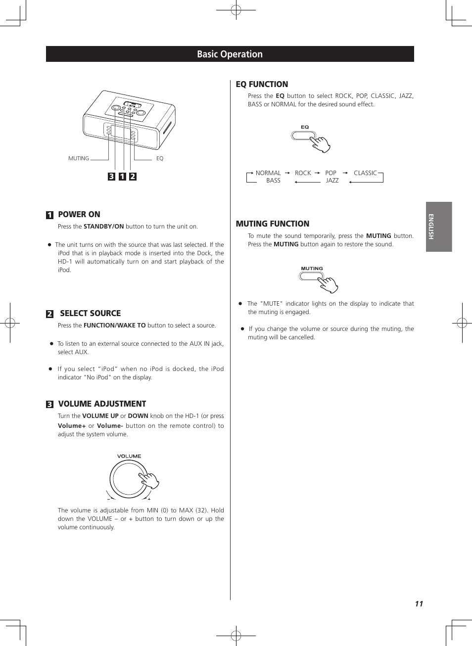 Basic operation, Eq function, Muting function | Power on, Select source, Volume adjustment | Teac HD-1 User Manual | Page 11 / 20