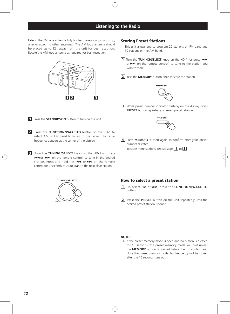 Listening to the radio, Storing preset stations, How to select a preset station | Teac HD-1 User Manual | Page 12 / 20