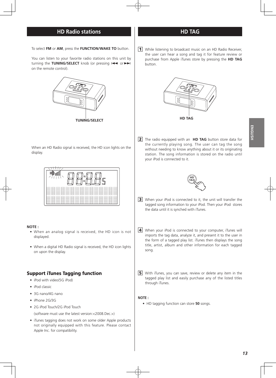 Hd tag, Hd radio stations, Support itunes tagging function | Teac HD-1 User Manual | Page 13 / 20