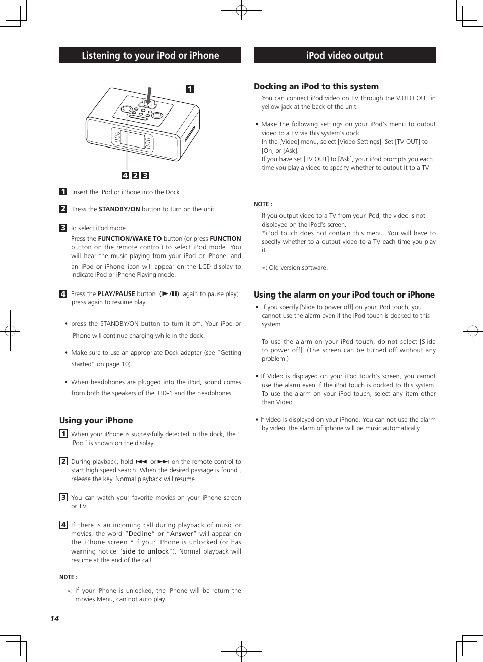 Listening to your ipod or iphone, Ipod video output, Using your iphone | Docking an ipod to this system, Using the alarm on your ipod touch or iphone | Teac HD-1 User Manual | Page 14 / 20