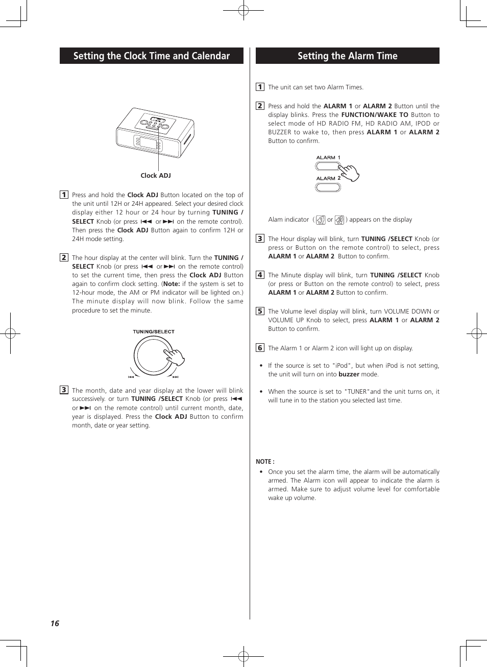 Setting the clock time and calendar, Setting the alarm time | Teac HD-1 User Manual | Page 16 / 20