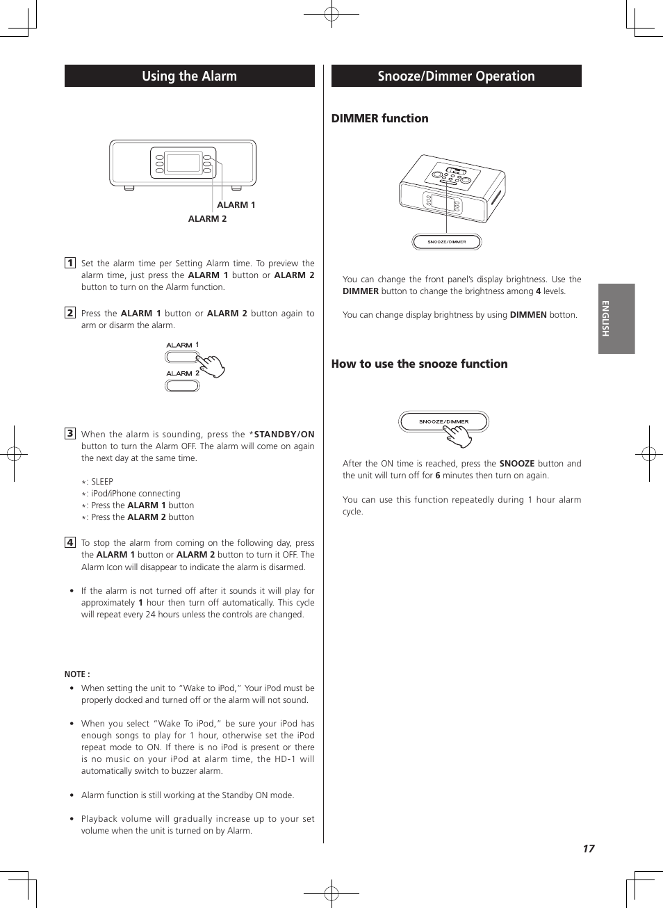 Snooze/dimmer operation, Using the alarm, Dimmer function | How to use the snooze function | Teac HD-1 User Manual | Page 17 / 20