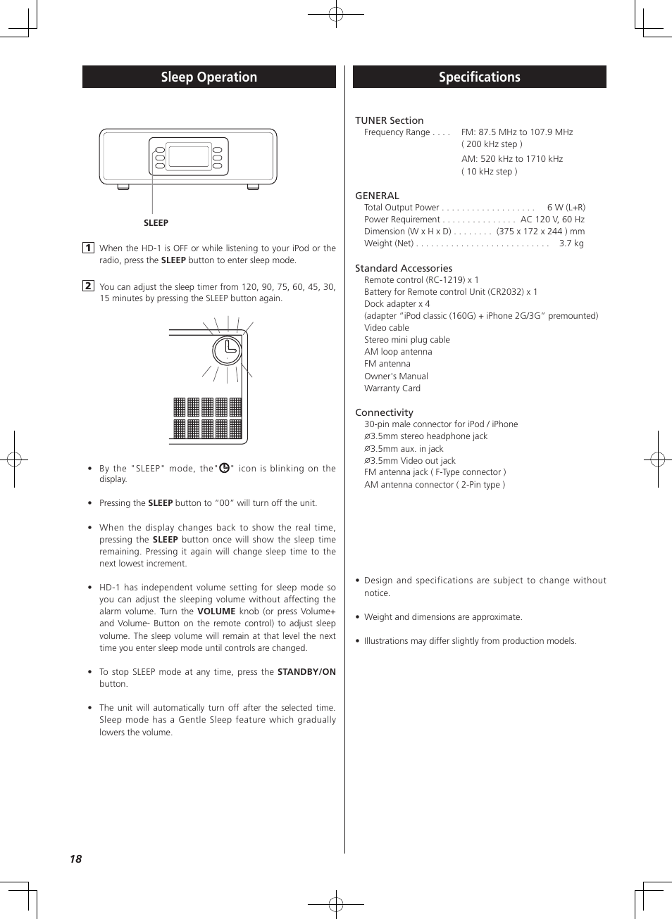 Specifications, Sleep operation | Teac HD-1 User Manual | Page 18 / 20