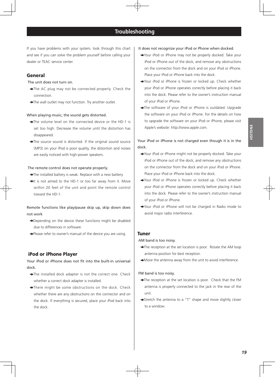 Troubleshooting, General, Ipod or iphone player | Tuner | Teac HD-1 User Manual | Page 19 / 20