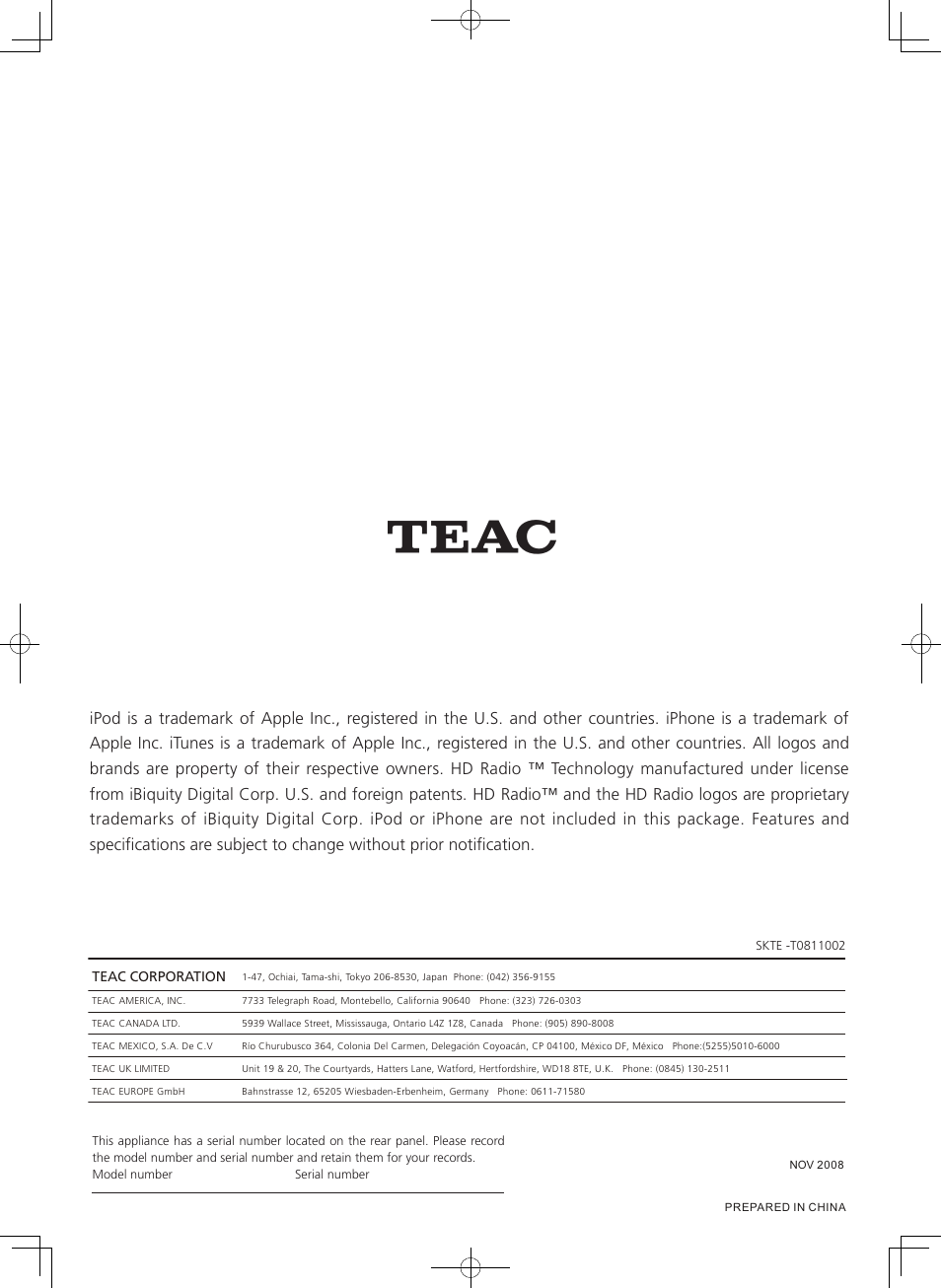 Teac HD-1 User Manual | Page 20 / 20