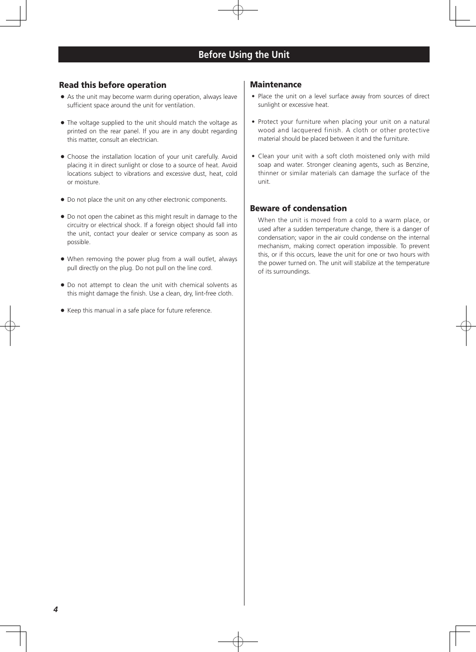 Before using the unit, Read this before operation, Maintenance | Beware of condensation | Teac HD-1 User Manual | Page 4 / 20