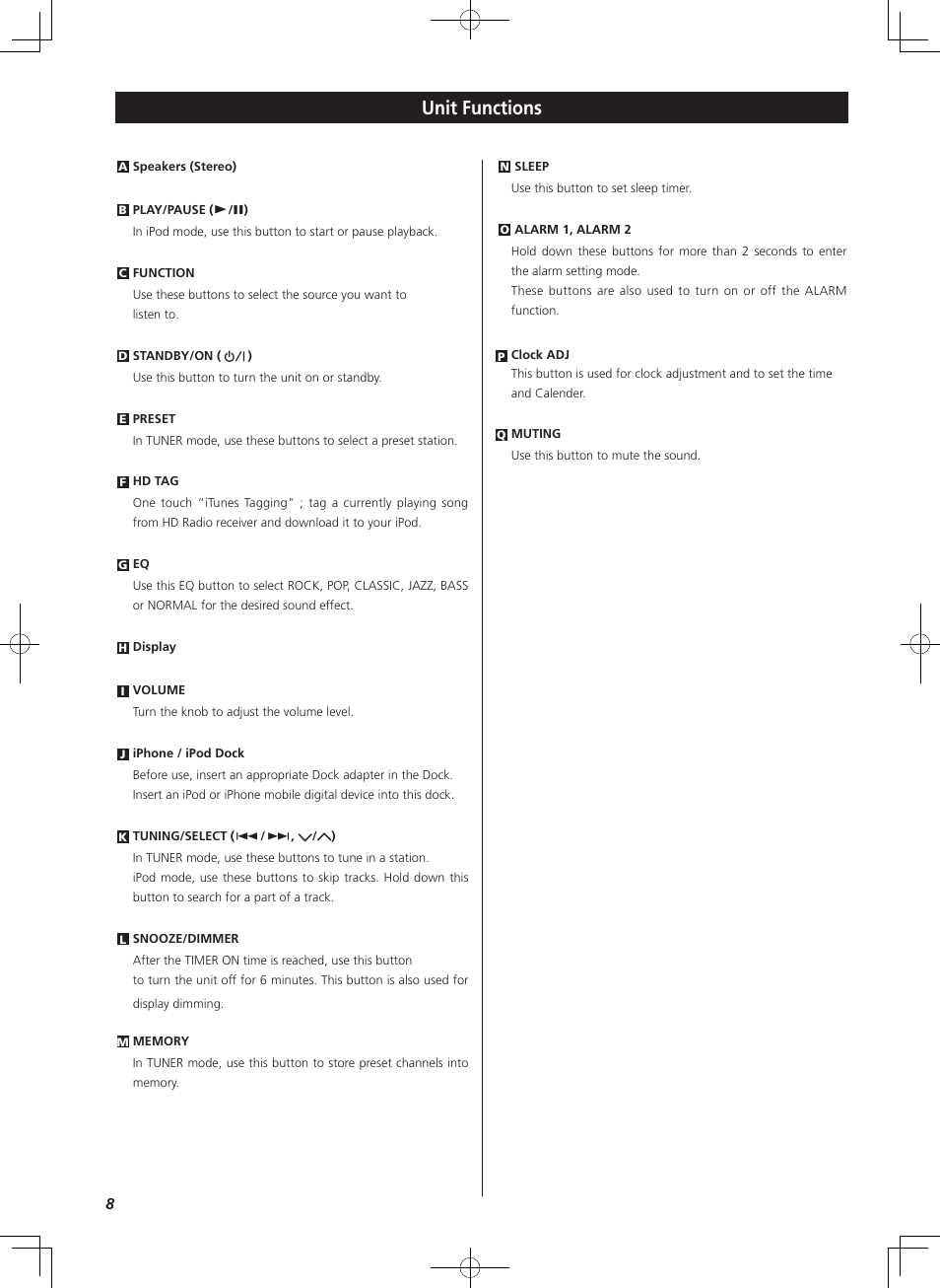 Unit functions | Teac HD-1 User Manual | Page 8 / 20