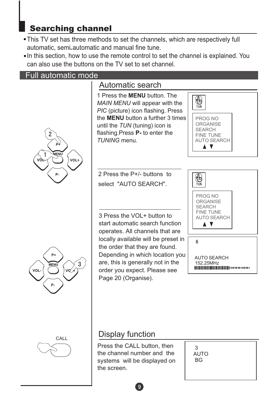 Searching channel, Full automatic mode automatic search, Display function | Teac DVTV5190F User Manual | Page 12 / 39