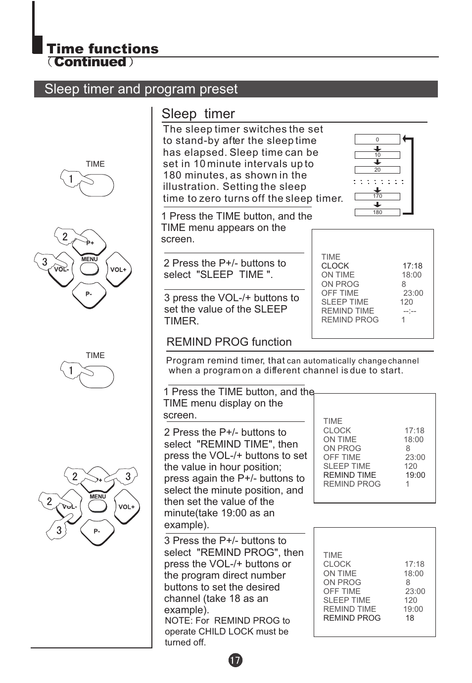 Sleep timer and program preset sleep timer, Time functions continued, Remind prog function | Teac DVTV5190F User Manual | Page 20 / 39