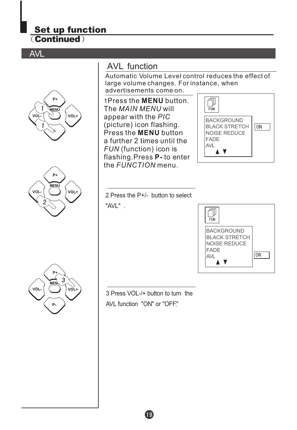 Avl set up function continued, Avl function | Teac DVTV5190F User Manual | Page 22 / 39