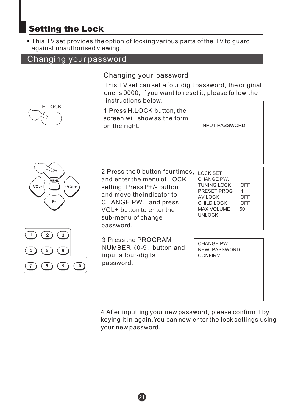 Setting the lock, Changing your password | Teac DVTV5190F User Manual | Page 24 / 39