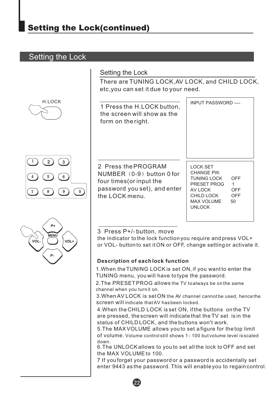 Setting the lock(continued) setting the lock, Setting the lock | Teac DVTV5190F User Manual | Page 25 / 39