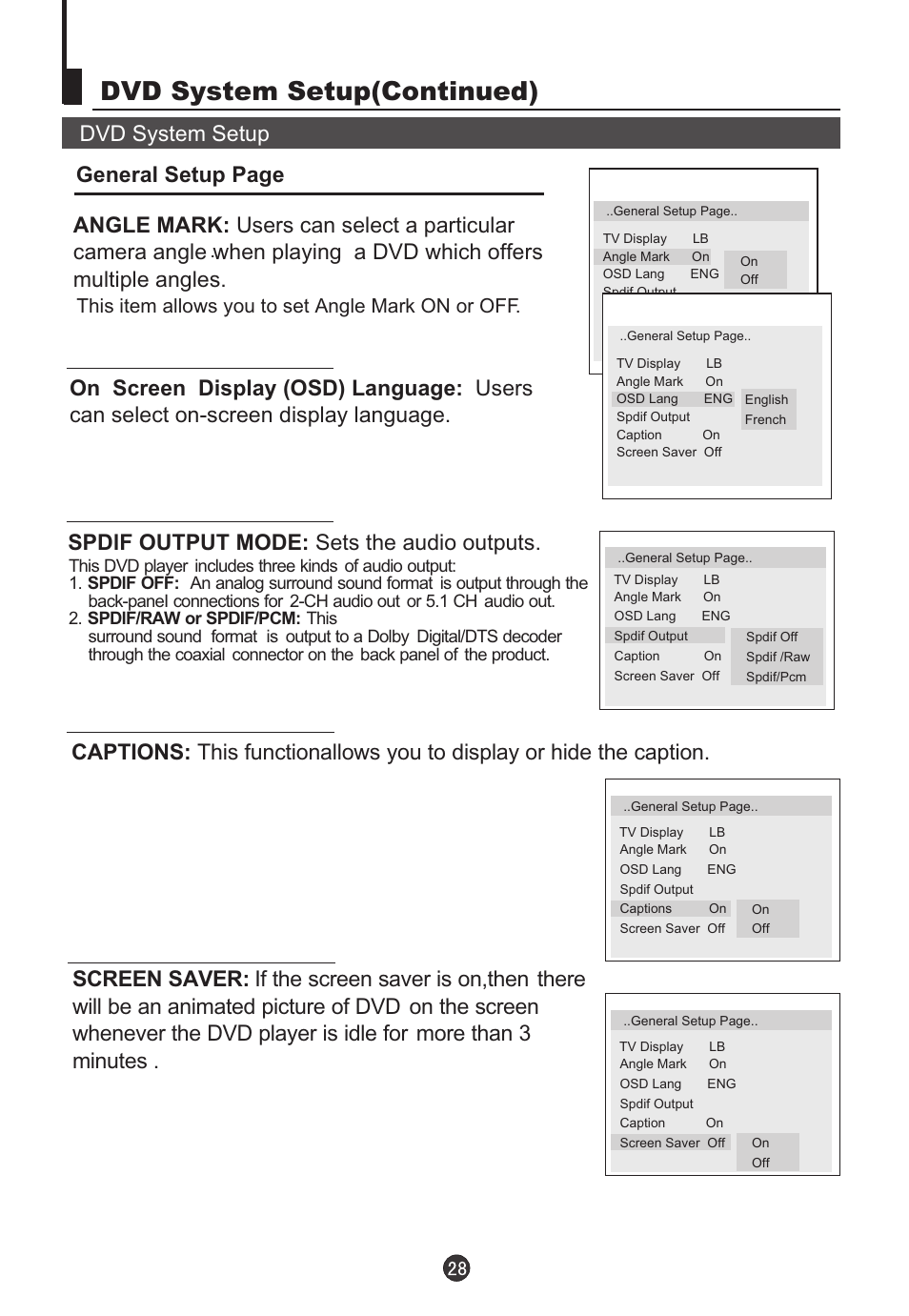 Dvd system setup(continued), Spdlf output mode: sets the audio outputs, This item allows you to set angle mark on or off | Teac DVTV5190F User Manual | Page 31 / 39