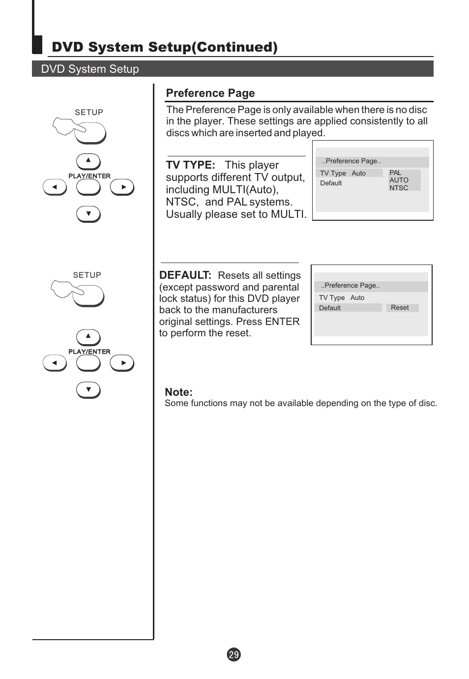 Dvd system setup(continued), Dvd system setup preference page, Default | Teac DVTV5190F User Manual | Page 32 / 39