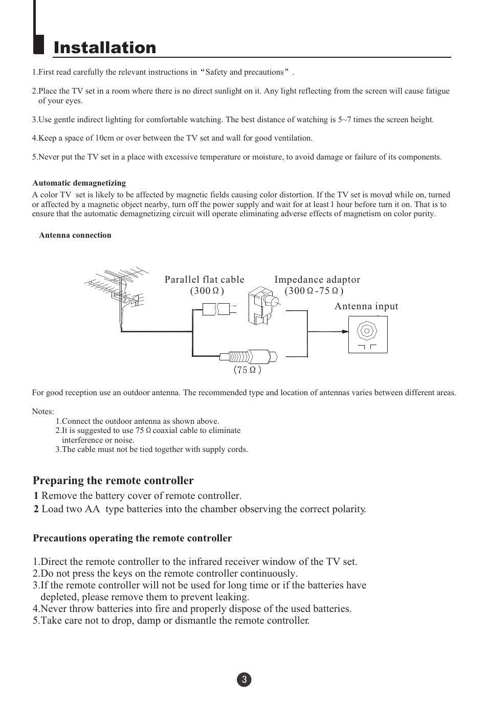 Installation, Preparing the remote controller | Teac DVTV5190F User Manual | Page 6 / 39