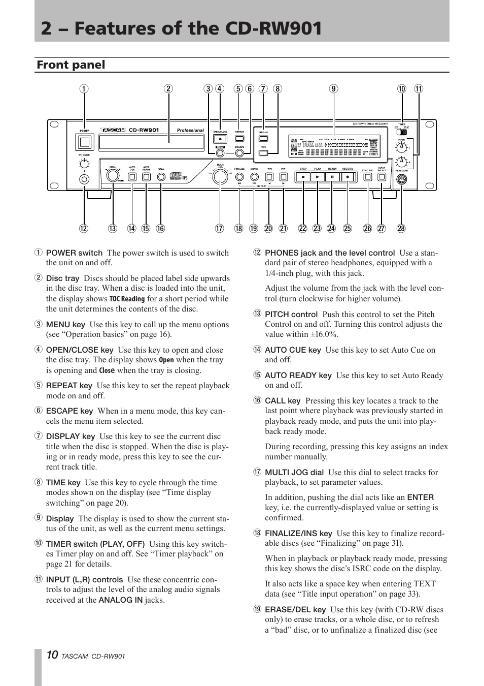 2 − features of the cd-rw901, Front panel | Teac CD-RW901 User Manual | Page 10 / 40