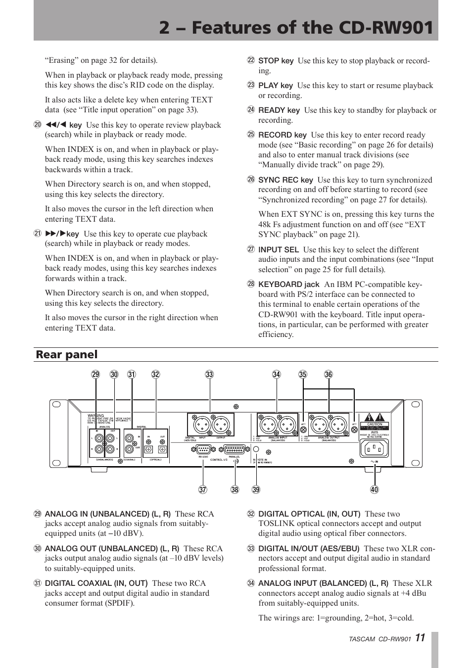 Rear panel, 1 − introduction, 2 − features of the cd-rw901 | Teac CD-RW901 User Manual | Page 11 / 40