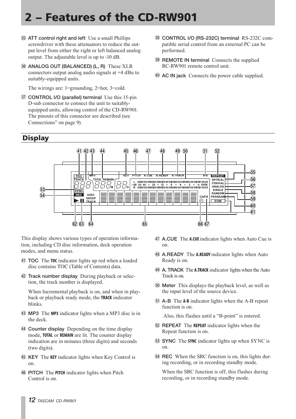 Display, 2 − features of the cd-rw901 | Teac CD-RW901 User Manual | Page 12 / 40