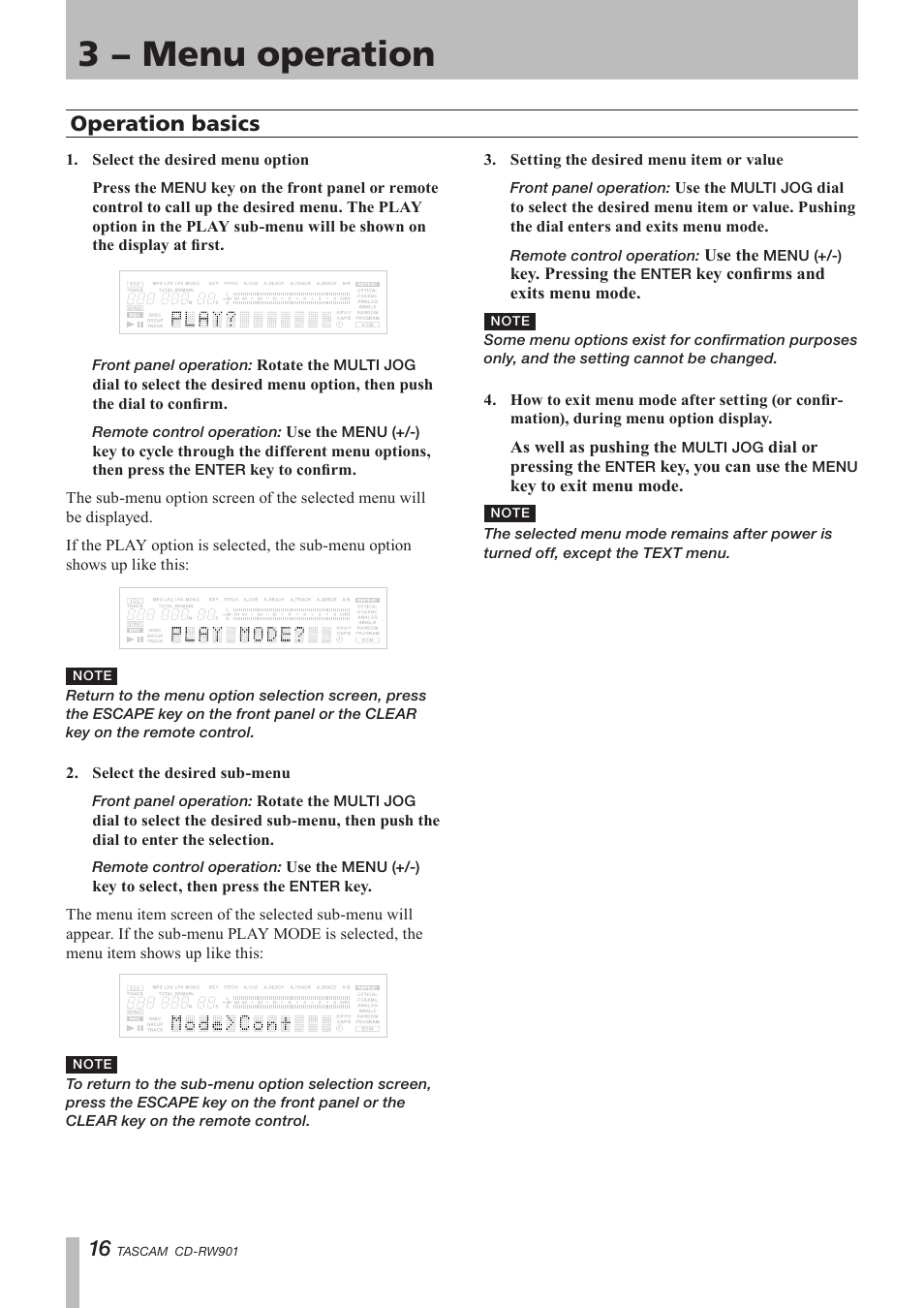 Operation basics, 3 − menu operation | Teac CD-RW901 User Manual | Page 16 / 40