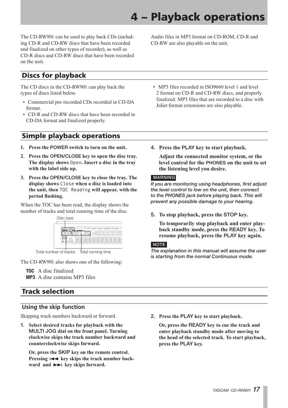 4 − playback operations, Discs for playback, Simple playback operations | Track selection, Using the skip function | Teac CD-RW901 User Manual | Page 17 / 40