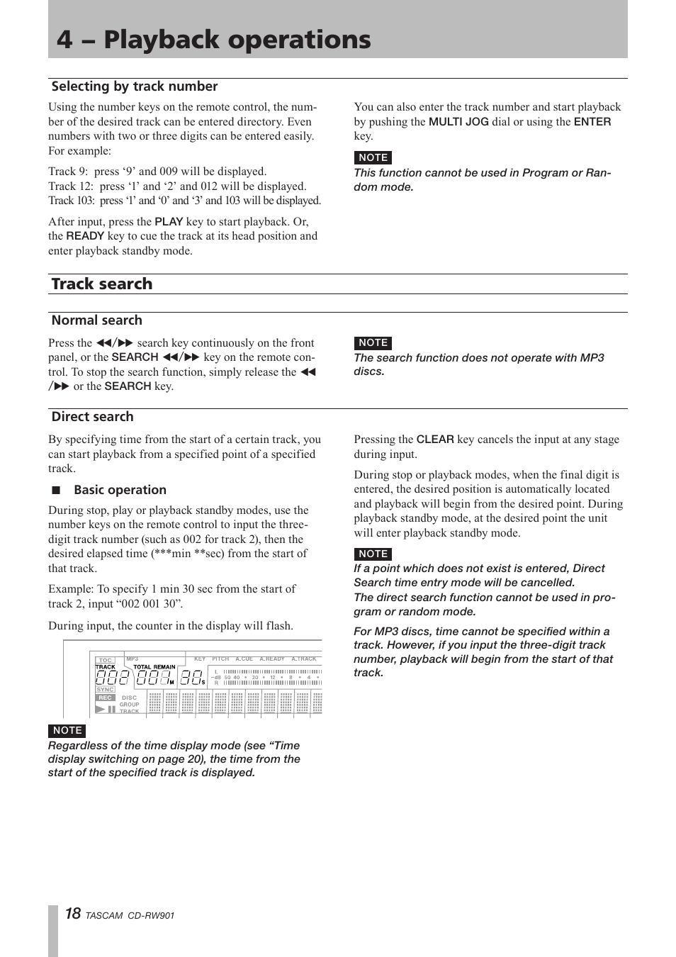 Selecting by track number, Track search, Normal search | Direct search, Basic operation, Normal search direct search, 4 − playback operations | Teac CD-RW901 User Manual | Page 18 / 40