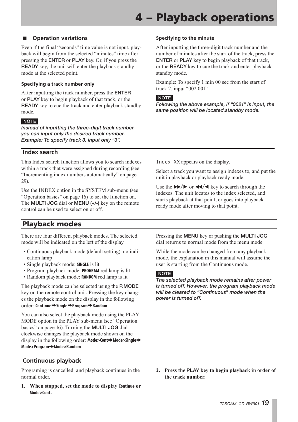 Operation variations, Index search, Playback modes | Continuous playback, 4 − playback operations, 19 playback modes | Teac CD-RW901 User Manual | Page 19 / 40