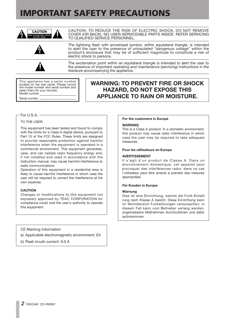 1 − introduction, Important safety precautions | Teac CD-RW901 User Manual | Page 2 / 40